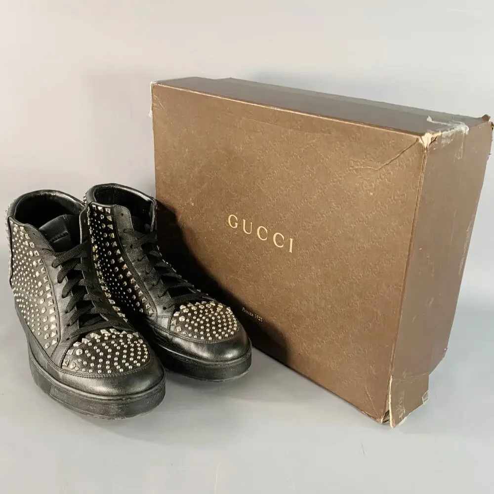 GUCCI Limited Edition Size 14 Black Silver Studded Leather High Top Sneakers